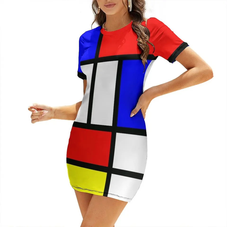 Piet Mondrian Composition 2 Farebný blok s červenou žltou a modrou šiatkou s krátkym rukávom Daysy Dreysy Dayses Dámske šaty