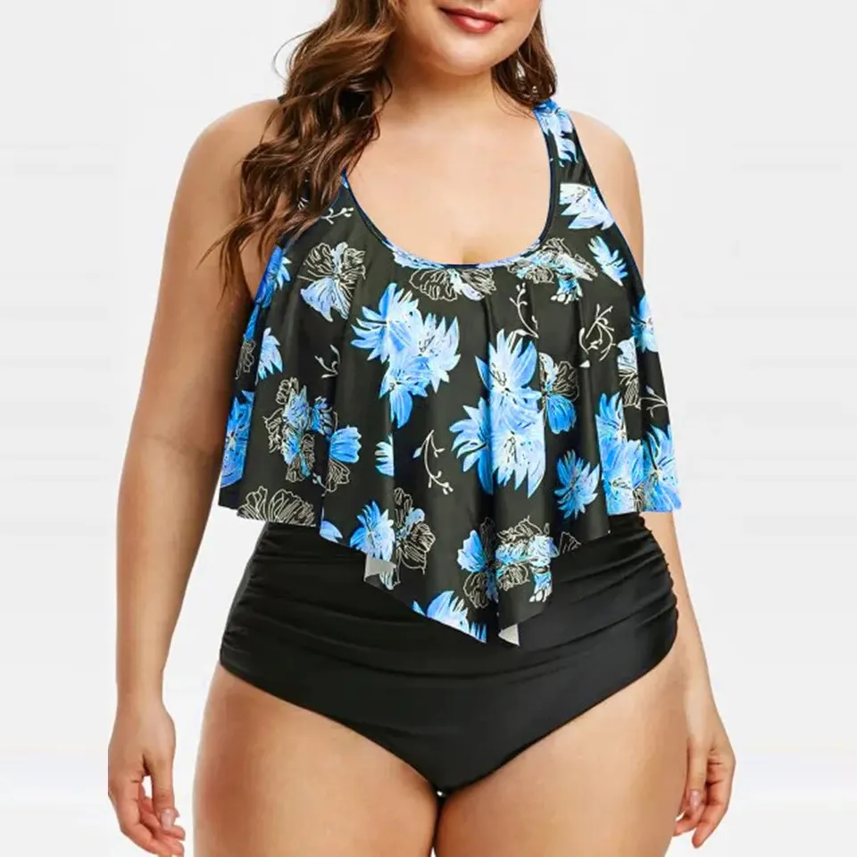 Pikantné dievčenské plavky Nové bikiny High Waist Rufle Edge Potlačené plavky pruhované rozdelené bikiny plus veľkosť