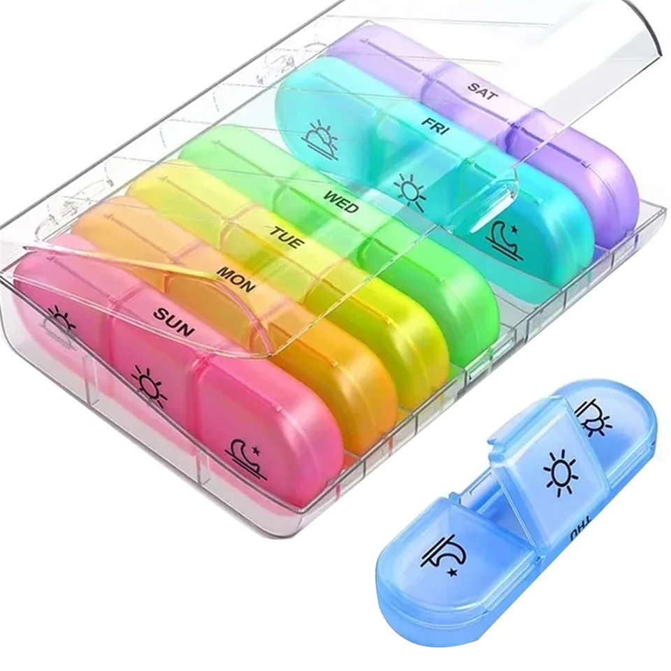 Pill Box 7 Days Organizátor 21 mriežky trikrát jeden deň prenosné cestovanie s veľkými priehradkami pre vitamínové lieky, BT99C