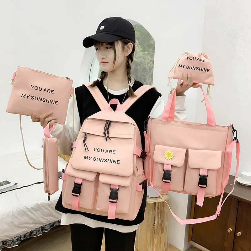 Pink Blue Green Päťs -kusová školská taška Dievčatá Multifunkcia veľkej kapacity vodotesný batoh módny roztomilý Crossbody Bag