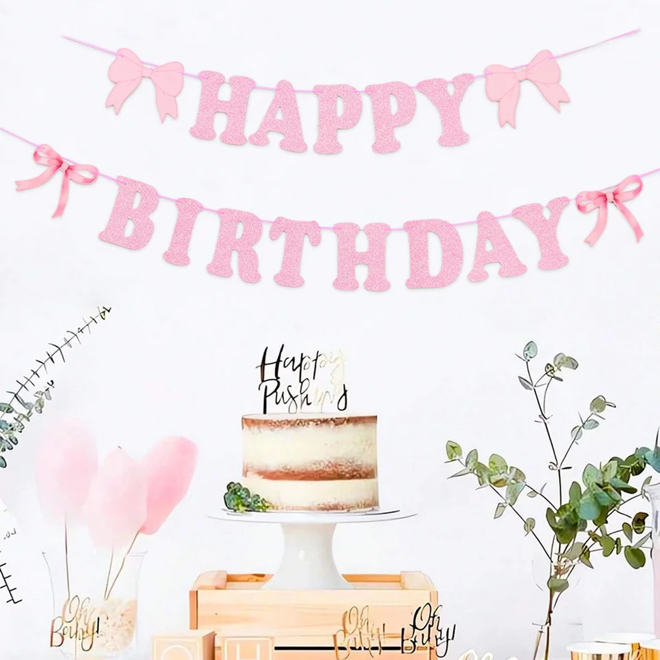 Pink Bow Birthday Flag Všetko najlepšie k narodeninám dekorácie Deti Dospelí Dospelí zavesenie banner Photo Pozadie svadobné bábätko Dodávky
