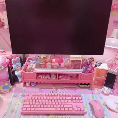 Pink Cute Monitor Stand Storage Storage Drevné držiak skladovacia skrinka pre prenosný počítač Monitor