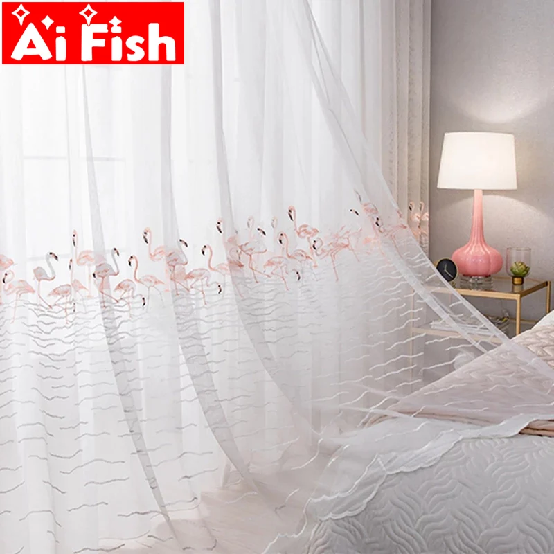 Pink Flamingo Lace vyšívacie tylové záclony pre obývaciu izbu Gray Swan Voile pre spálne okenné obrazovky číry panel #30