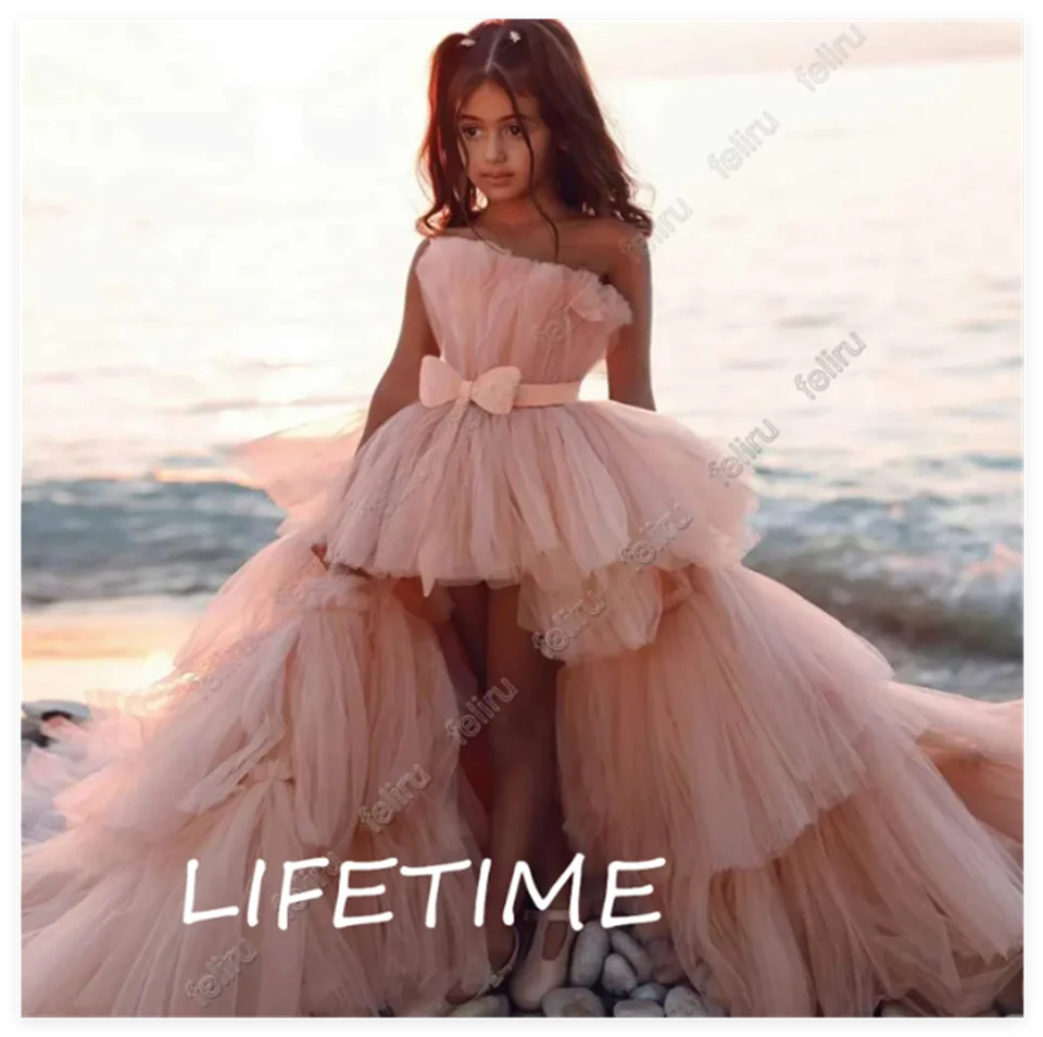 Pink Flower Girl Šaty Tyl Puffy odstupňovaný s lukmi bez rukávov na svadobné narodeniny banket prvé spoločenské šaty