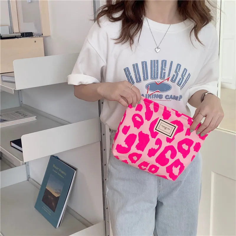 Pink Leopard Print Ženy Kozmetická taška Retro kvetiny dámy dám