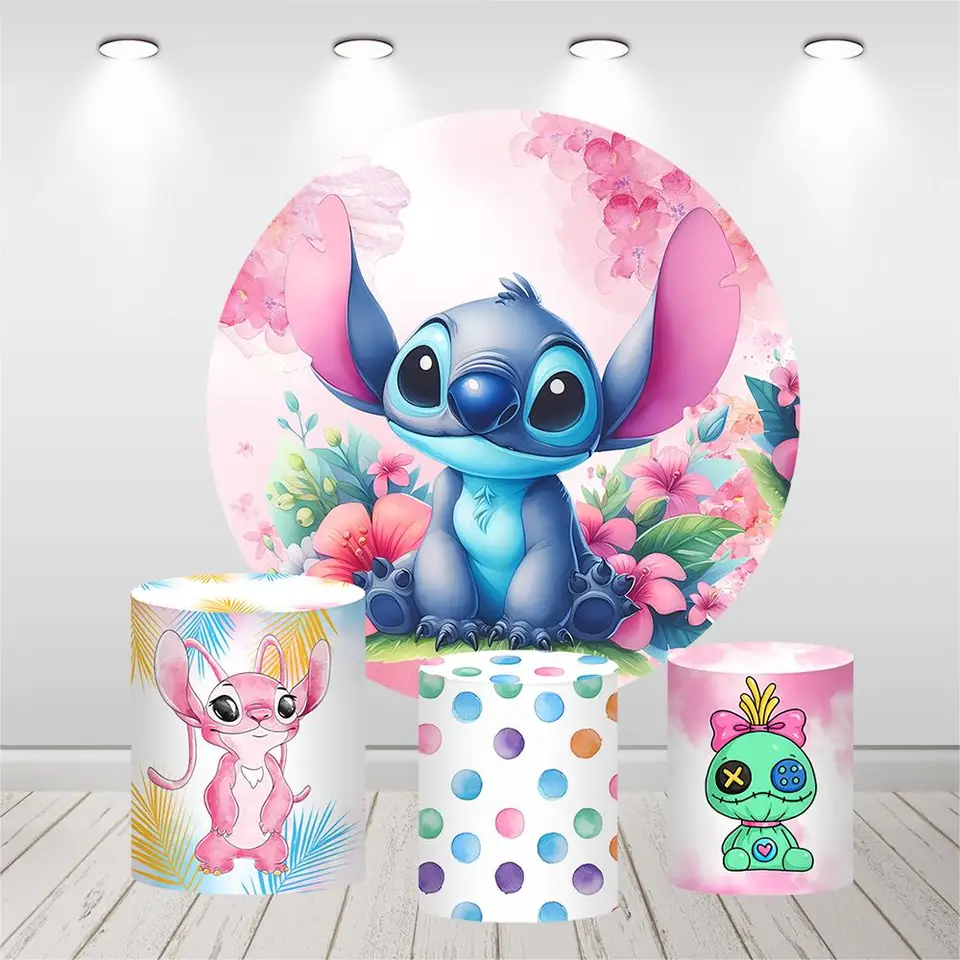 Pink Lilo & Stitch Round Circle Pozadie kvety Dievčatá bábätko narodeniny Photography Pozadie valcový sokla