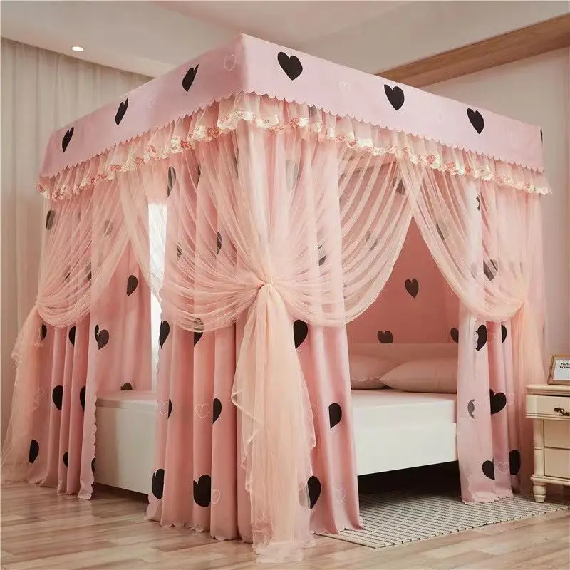 Pink Love Pattern Household Husté tieňovacie lôžko Záclona komárov a prachovej spálne REST Mosquito Net bez podpory postele záves