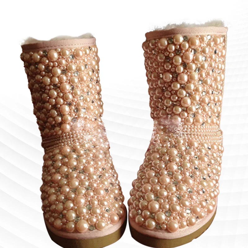 Pink Mid-Tube Pearl Rhindiamonds Banket Party kožušina One Snow Boots Ručne vyrobená veľká veľkosť dámska bavlnená topánky 35-44