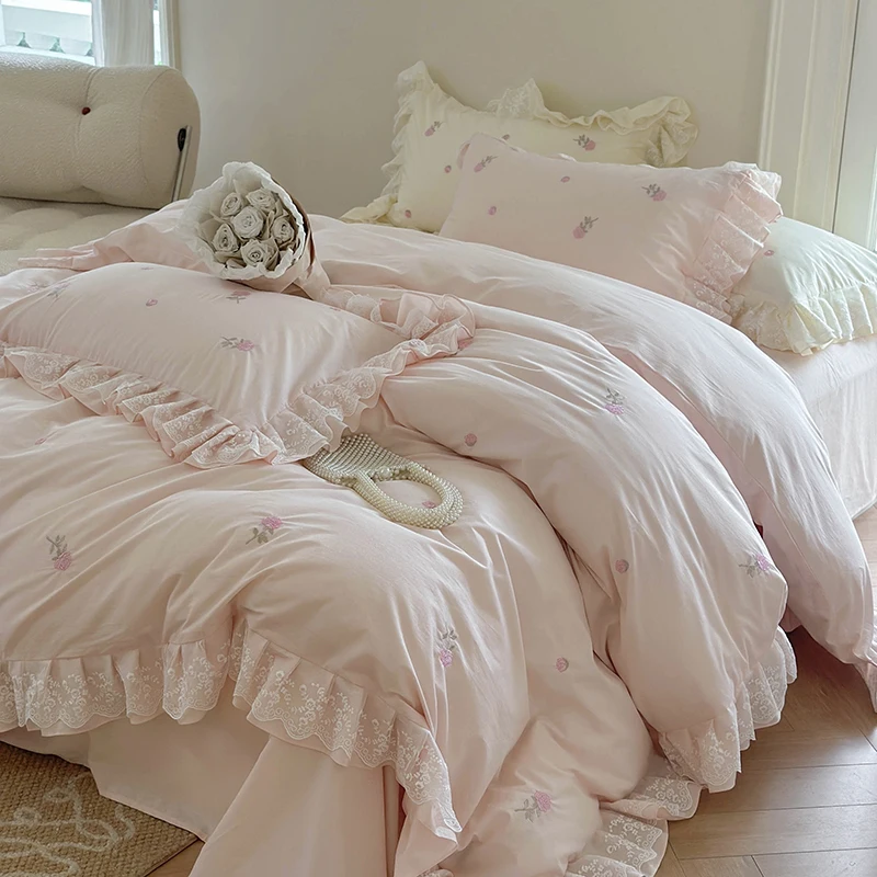 Pink Princezná sada sada premytá bavlnená ružová vyšívacia čipka Lace Ruffle Duin Cover Bed Let Lieď vankúše vankúše vankúšik