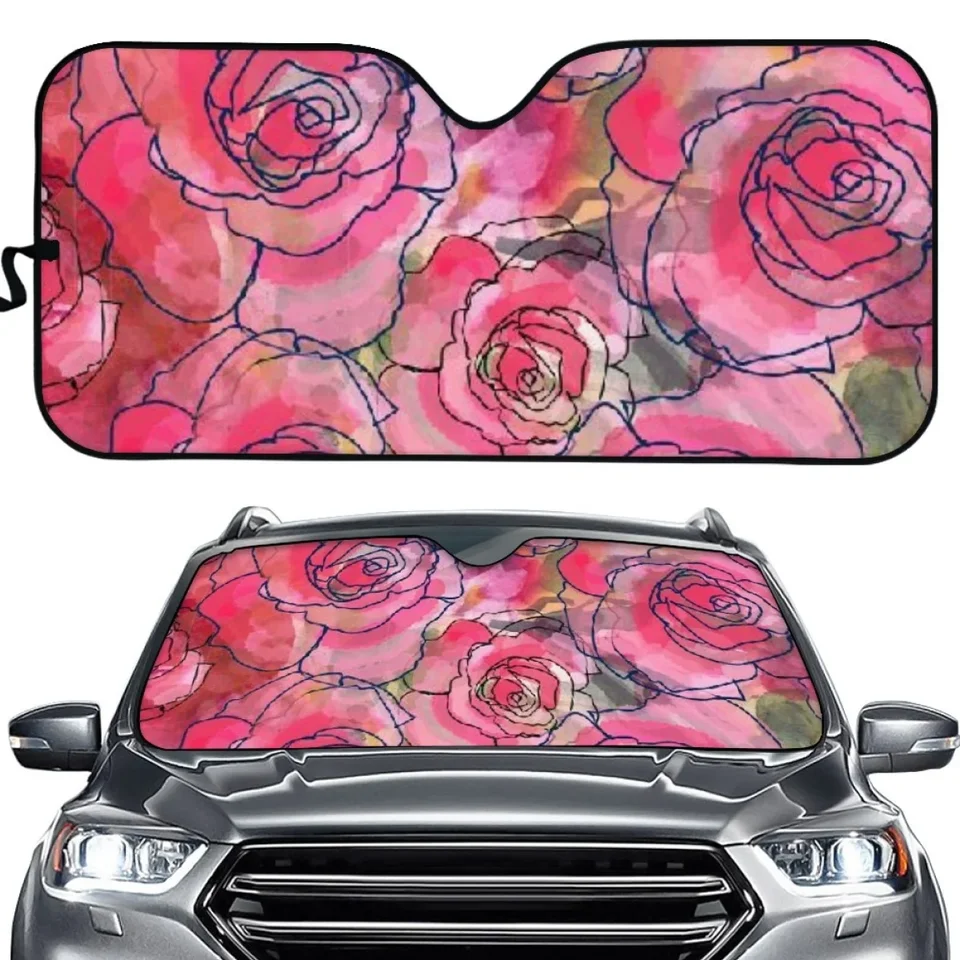 Pink Rose Art Design Universal Fit Auto čelné sklo slnečný tieň pre SUV SUV Chráňte skladacie predné okno Sunshade