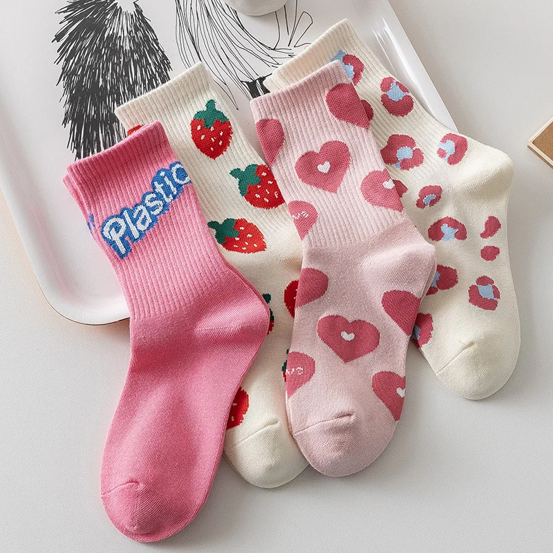 Pink Strawberry ponožky móda roztomilý harajuku žien bavlnené ponožky Príležitostné Kórea Japonské kawaii ponožky dievčat kalcetín