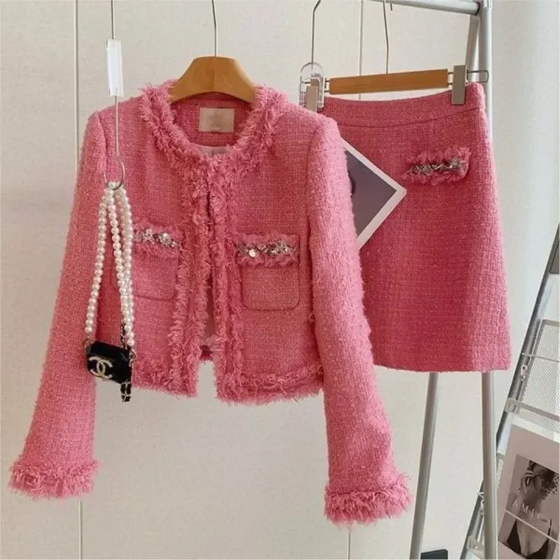 Pink Tweed Scret Set pre ženy jar jesenná jeseň Nový malý fragnance štýl 2 kusy Nové príchodové bundy Tops+Mini sukne Outwear