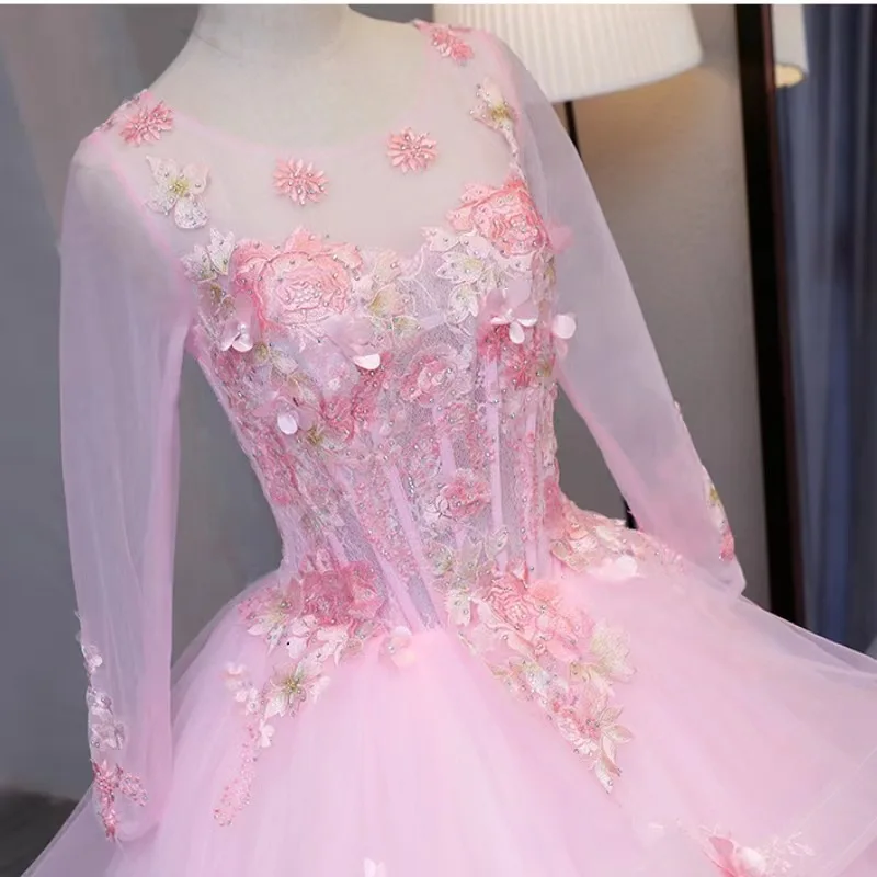 Pink číry s dlhým rukávom voláre princezná quinceanera šaty guľôčkové šaty 3D kvety Aplikácie čipky korzet Vestidos para xv años