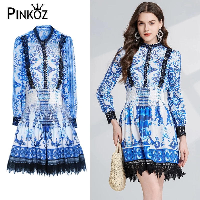 Pinkoz Dámske dizajnérske stojanové stojace obojok s jednou dojčenou košeľou modrý kvetinový vzor potlačte Patchwork Lace Elastic Party Party Dress