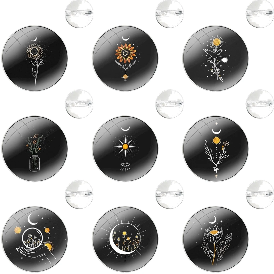 PINS BADGE Kovové brošňy pre oblečenie batoh dekorácie darček čierna farba kvetina motýľ mačka slnečná planéta planéta Round