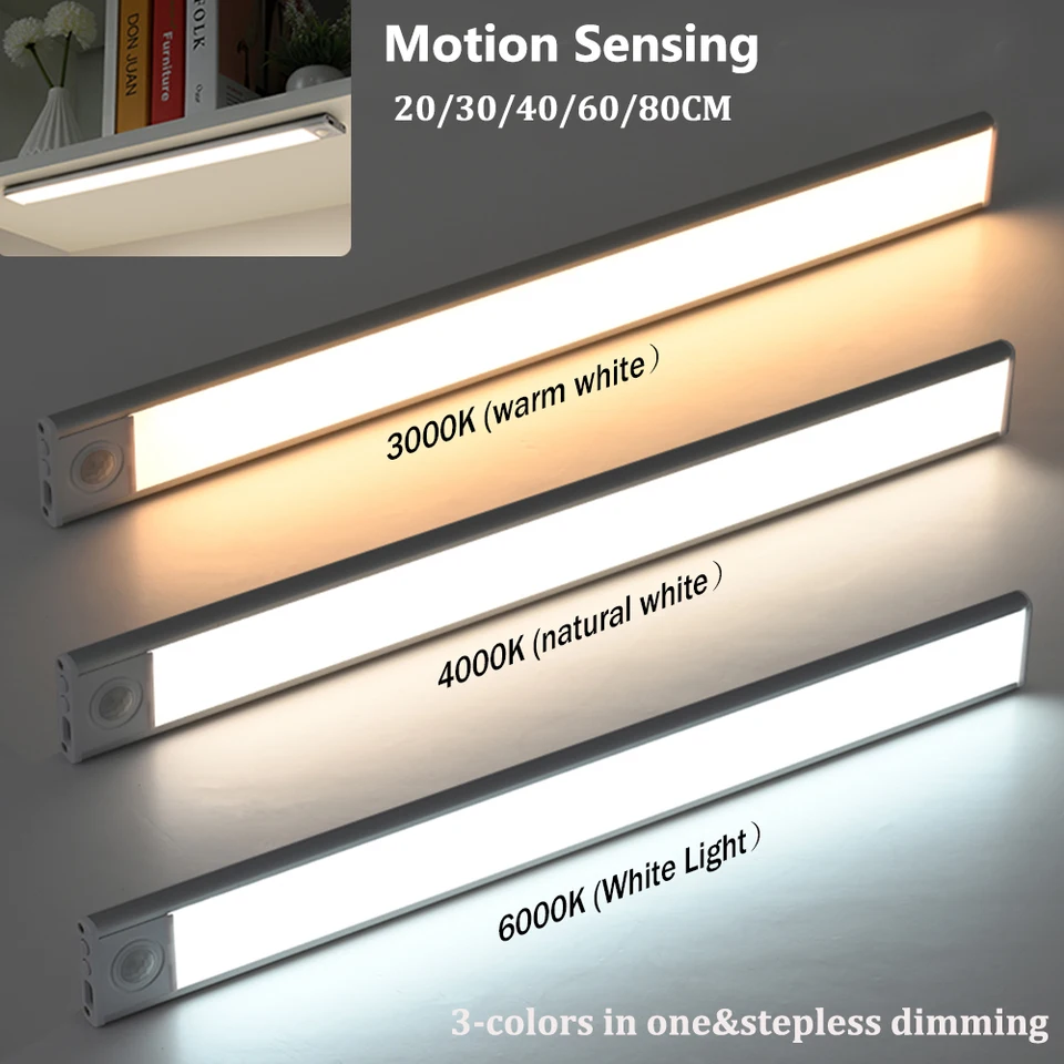 PIR Motion Sensor USB Nabíjateľná magnetická nočná lampa Stlmiteľná 20 30 60 60 80 cm 3 farby Kuchyňa LED pod osvetlením skrinky
