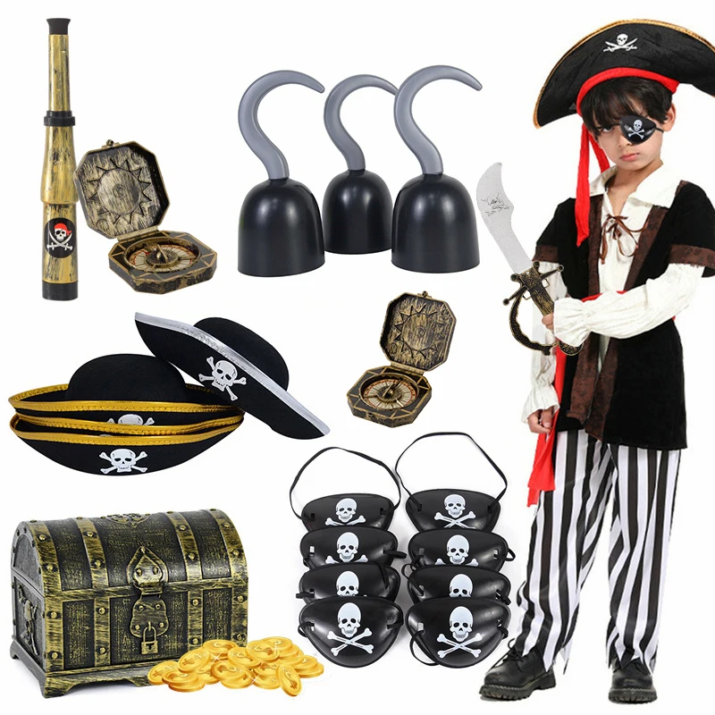 Pirátsky kapitán Cosplay kostýmové rekvizity sada pirátsky klobúk Hook ruka vlajka Compass Telescope Eye Eye Patch Halloween téma dekorácie
