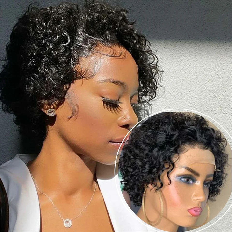 Pixie strihaná parochňa ľudské vlasy Krátke kučeravé parochne pre čierne ženy kučeravé bobové parochne ľudské vlasy ľudské vlasy vopred vytrhnuté detskými vlasmi