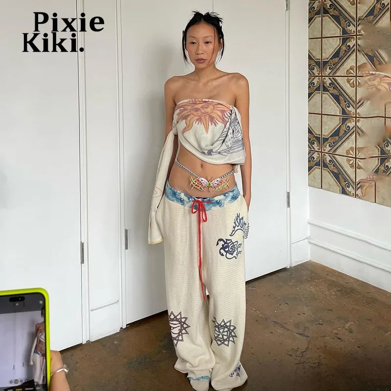 Pixiekiki módne graffiti tlačové tepláky sťahovanie vysokých pásov široké nohavice na ulici Streetwear Dámske oblečenie P71-CE32