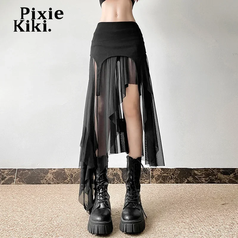 PIXIEKIKI TRANSPArent MESH Patchwork nepravidelná čiara Čierna sukňa Y2K Dámsky festival HIGH SAISL Long Sukne P94-EZ38
