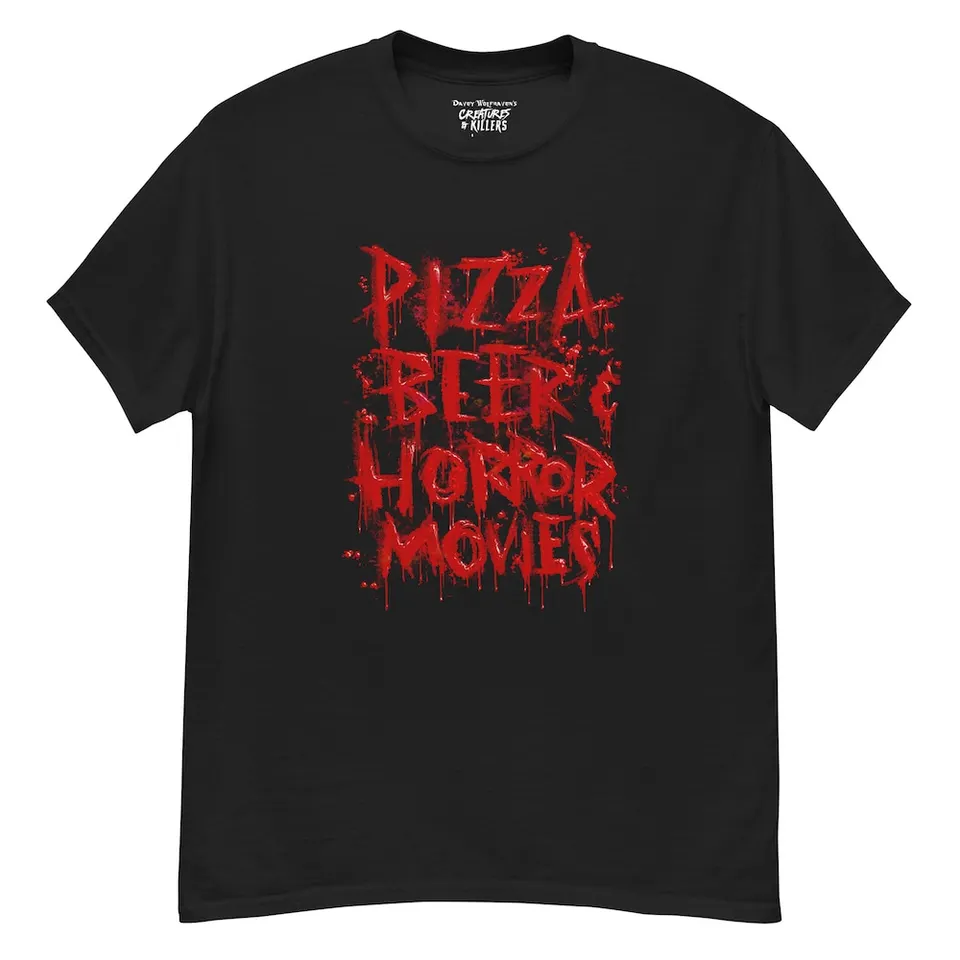 Pizza pivo Horrory Mens T tričko krvavé krvavé strašidelné pepperoni syr sledovanie filmu maratón monštrum slasher 80. roky