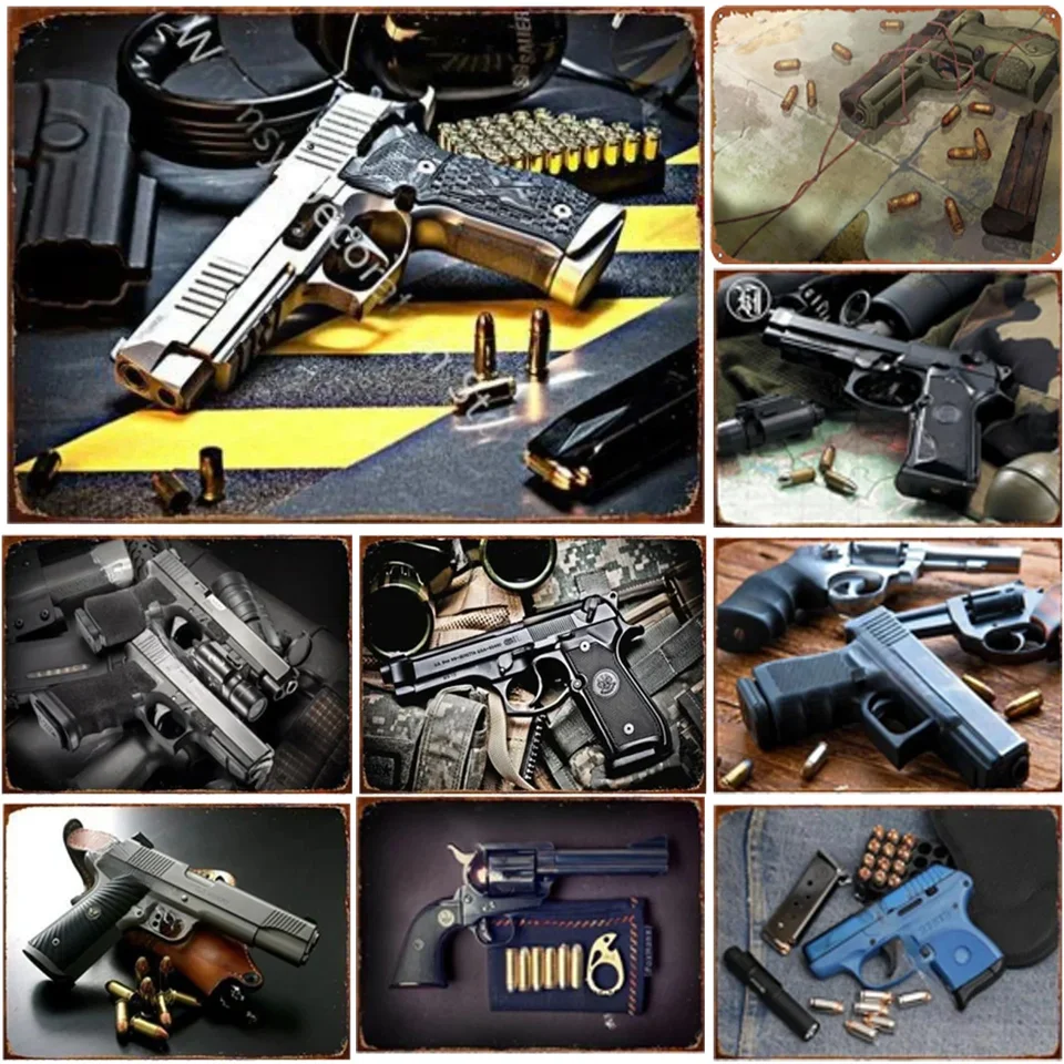 Pištoľ vojenské kovové značky Pleque Wall Decotion Decotion Vintage Art Plagáty železná maľba pre muža Cave Home Cafe Garden Club Bar