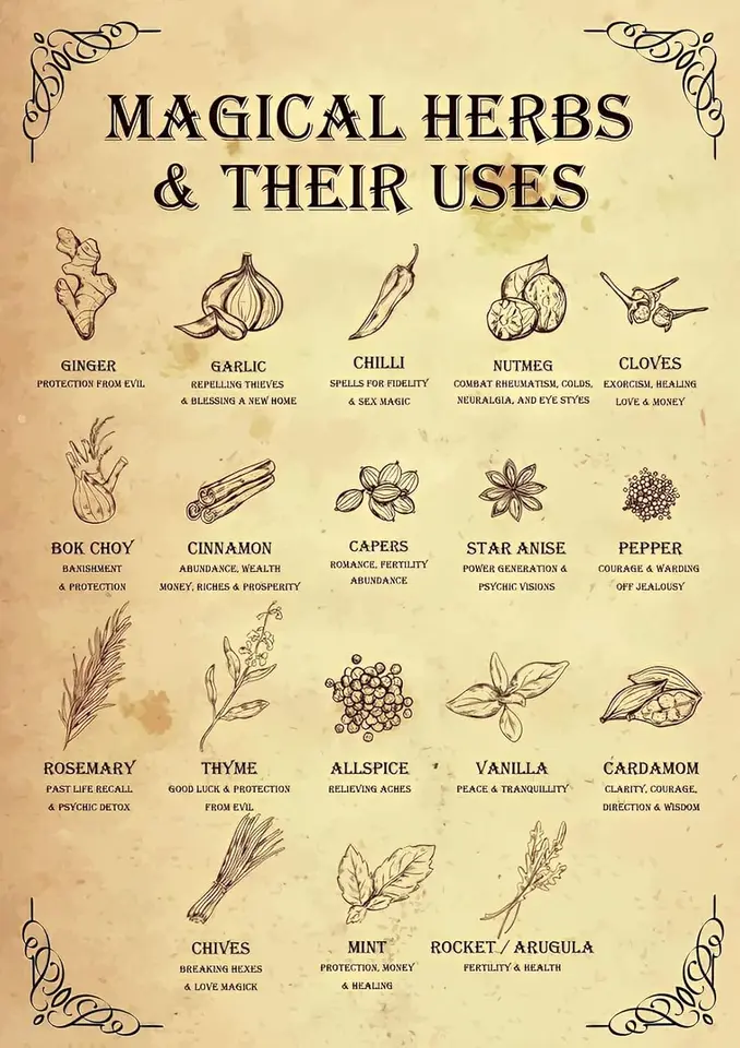 Plagát Magical Herbs - živá čarodejnica, záhradná čarodejnica, Magical používa bylinnú knižnicu Magick Cafe Obývacia izba kuchy