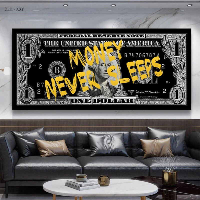 Plagáty peniaze nikdy nespia text Golden Dollar Banknote Canvas výtlačky maľba Motivačná nástenná maľba pre nástennú maľbu pre dekoráciu obývacej izby
