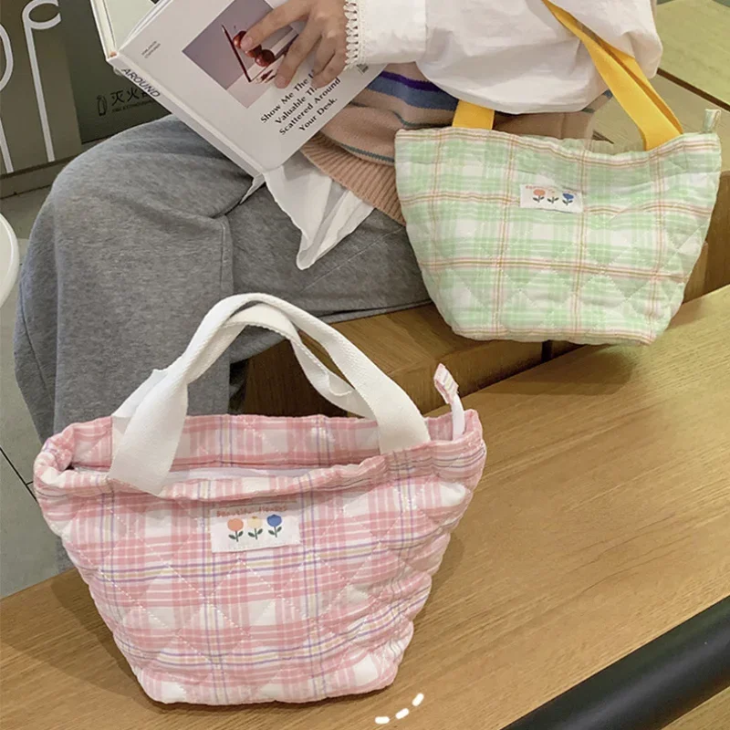 Plaid obed s taškou Ženy tepelná veľká kapacita šnúrka obedový box Tote Food Tašky kancelársky pracovník prenosný izolovaný taška na skladovanie potravín