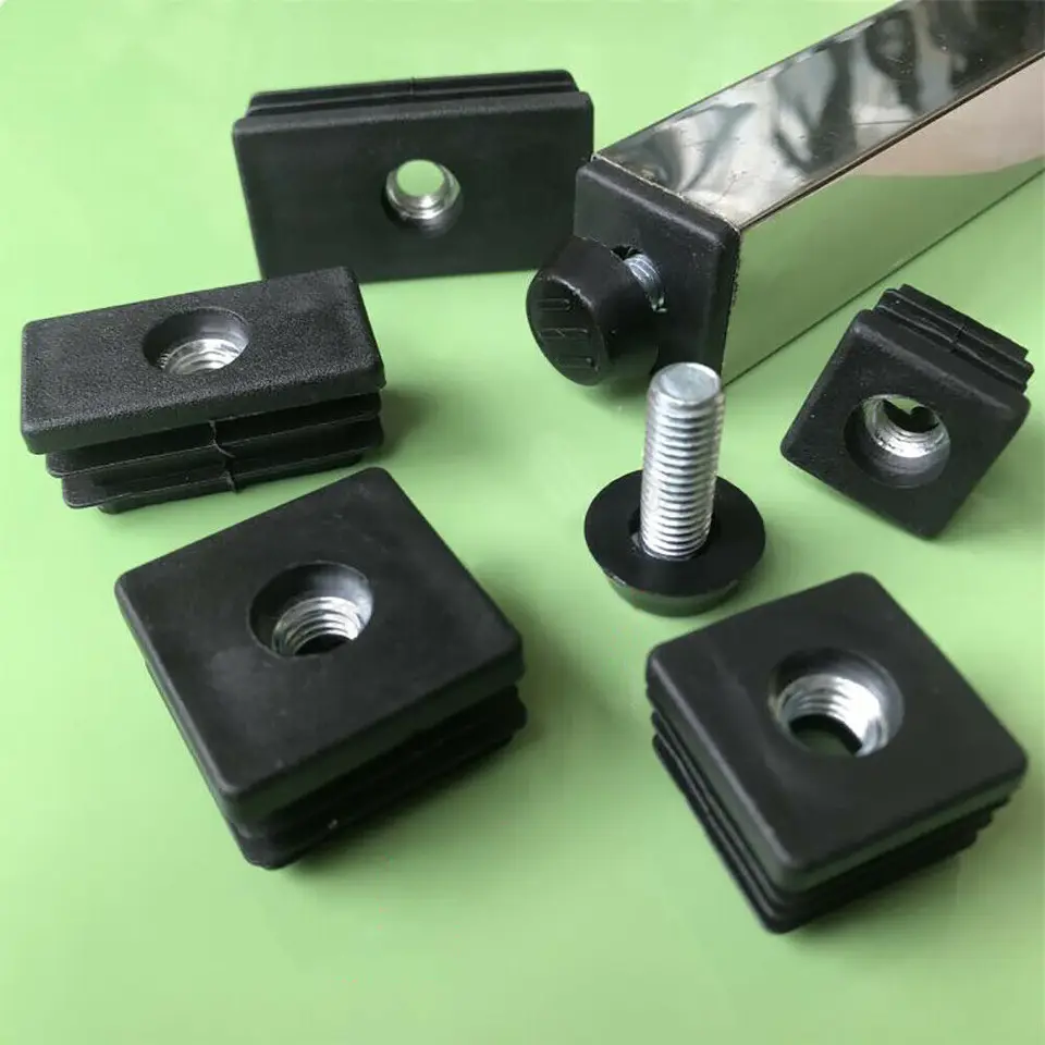Plastové štvorcové koncové čiapky Vložky potrubia 20/25/30 mm + M8*20 mm skrutkovacia noha 20 mm