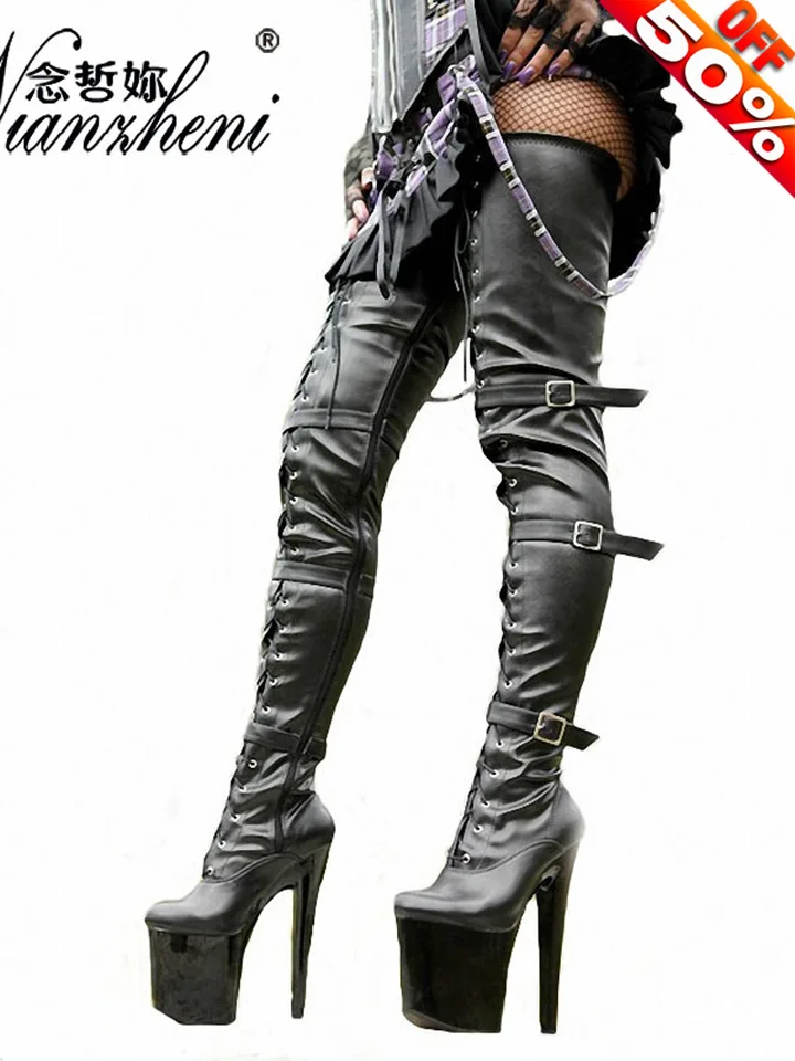 Platforma Sexy 20cm Platforma High Knee Black Buckle Úzke kapela Pu Dámske topánky 8 -palcové striptérka Nový gotický pól Dance stehien High Boots