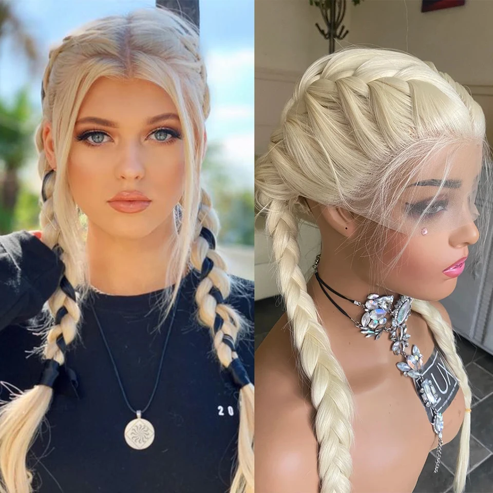 Platinová blondínka dvojitá vrkočná čipka predná parochňa Prírodovedecké syntetické biele spletené parochne s detskými vlasovými copami parochne pre dievča