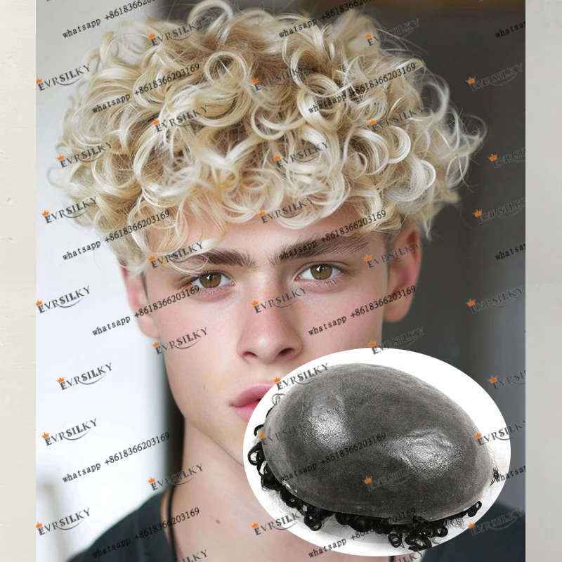 Platinová platina blondínka 26 mm kučeravé ľudské vlasy Parochne nahradenie prírodnej vlasovej línie Full Skin Base Men Toupee Old Man Gray Eachester