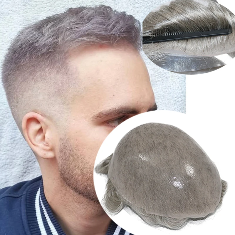 Platinová šedá čierna #1B80 0,06 mm ultra plná tenká pokožka plná V-slučka prírodná vlasová línia muži Toupee Gray Human Hair System Prothesi