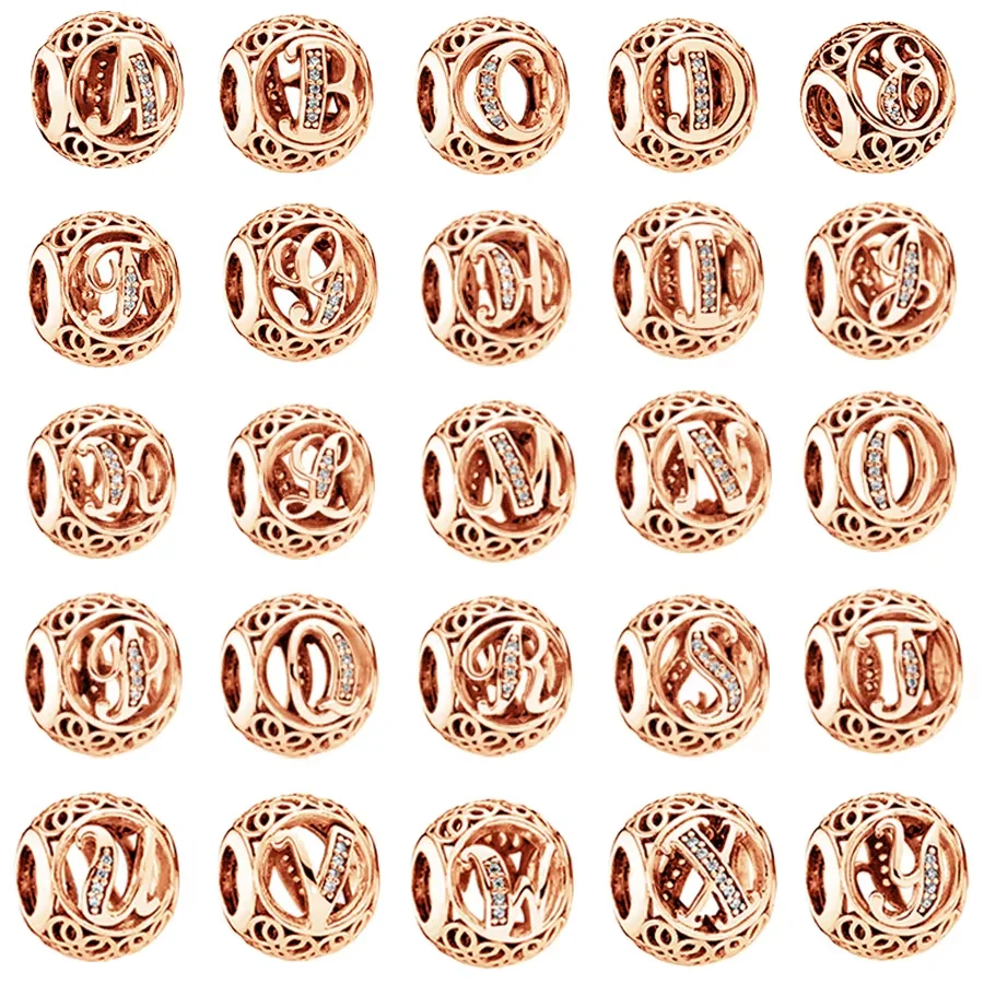 Platované ružové zlato Openwork 26 Listov A - Z Abeceda Charm Fit Fit Original 925 Sterling Silver Pandora náramok náramku šperky