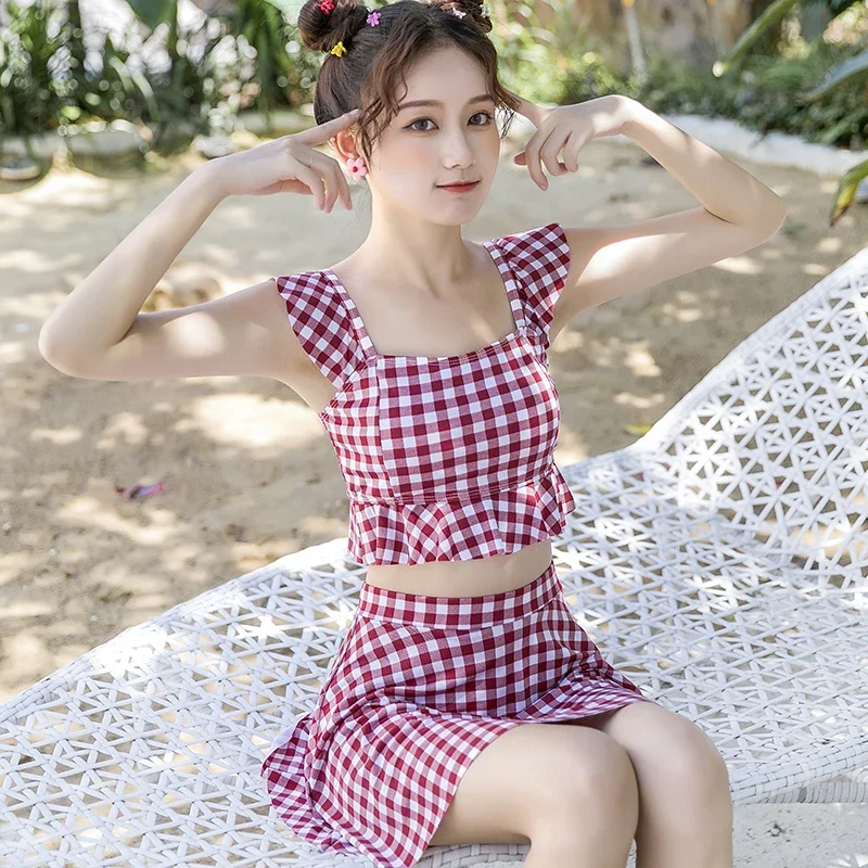 Plaviek Ženy Bikini Monokini Dva kusy Set Kórejský štýl Kawaii šaty Push Up Swim Plaid Plage Beachwear 2022 Summer