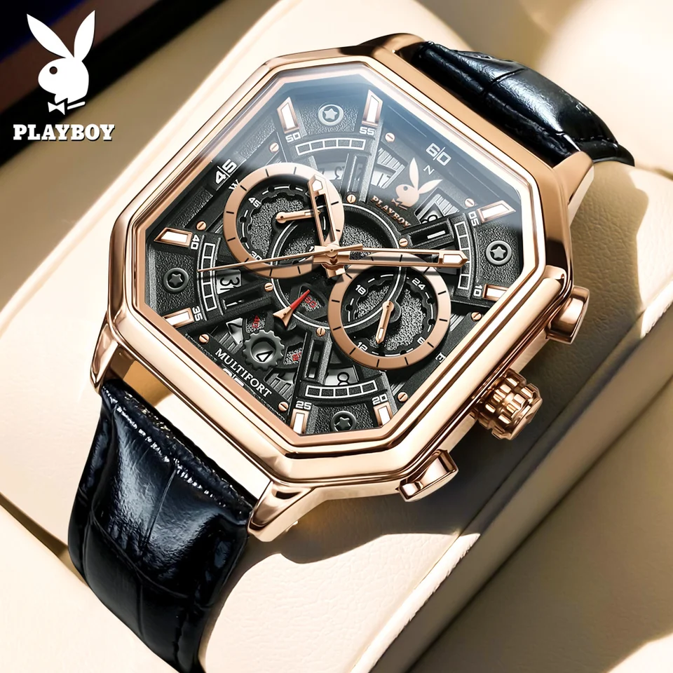 Playboy Casual Fashion Quartz Watch for Men Nové originálne pánske hodinky Vysoko kvalitné kožené remienok Multifunkčné pánske zápästie zápästia