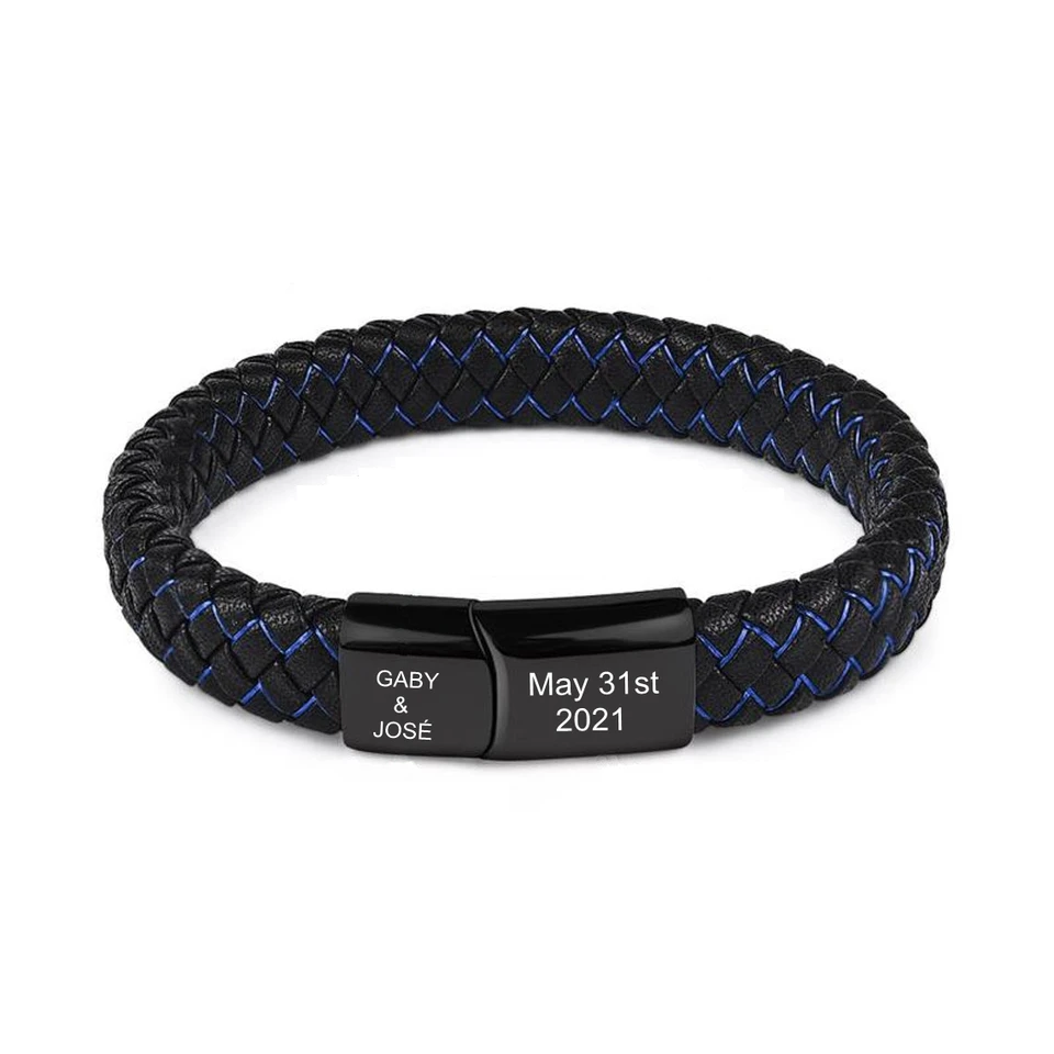 Pletená koža náramok prispôsobený osobnosť Engrave Názov Dátum z nehrdzavejúcej ocele Magnet pracka Bangle Men Dámske darčekové šperky