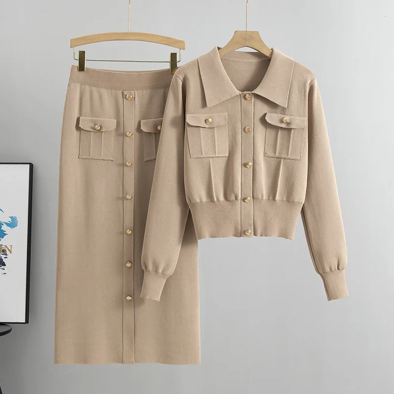 Pletené dva kusy Moslimské ženy Ensemble Sveter Sweater Coats vreckety Gomes Long Skak Suit Last Pletená sukne oblečenie