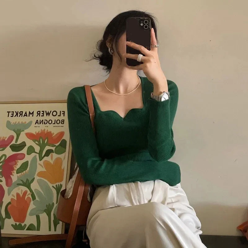 Pletené pulloves Ženy Vintage Solid Sweaters Autumn Winter Winter Kórejský elegantný štíhly pletený štvorcový golier Všetky zápasy zápasí nové