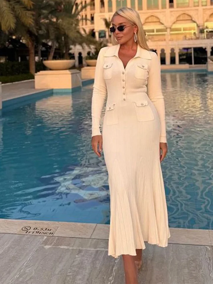 Pletené rebrované morské panny šaty Ženy otáčanie goliera goliera plné rukávy Dlhé šaty 2025 Spring Slim Hip Package Lady Roups