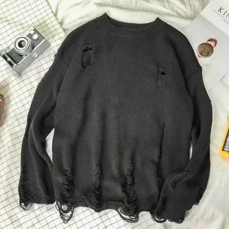 Pletené svetre pre mužov Pulloves Plain Round Round Collar Man oblečenie masívne farebné posádka roztrhané s otvormi čiernymi cez fit pleť starý starý