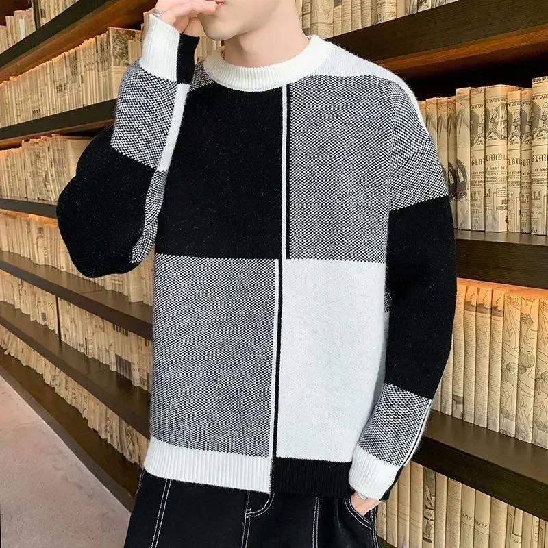 Pletený sveter samec Plaid Patchwork Pullovs Pánske oblečenie hladké zelené klasické teplé režimy Topy Pull Nadmerná poták