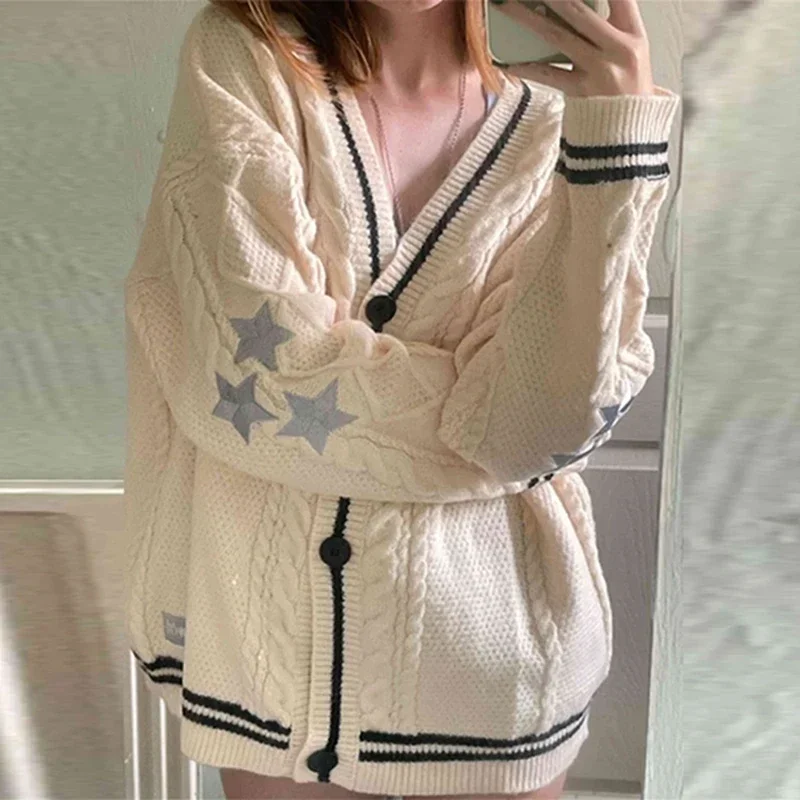Pletený tlačový sveter zimný sveter elegantné vintage hviezda preppy dlhý rukáv jesenný v krku estetické retro retro breased svetre
