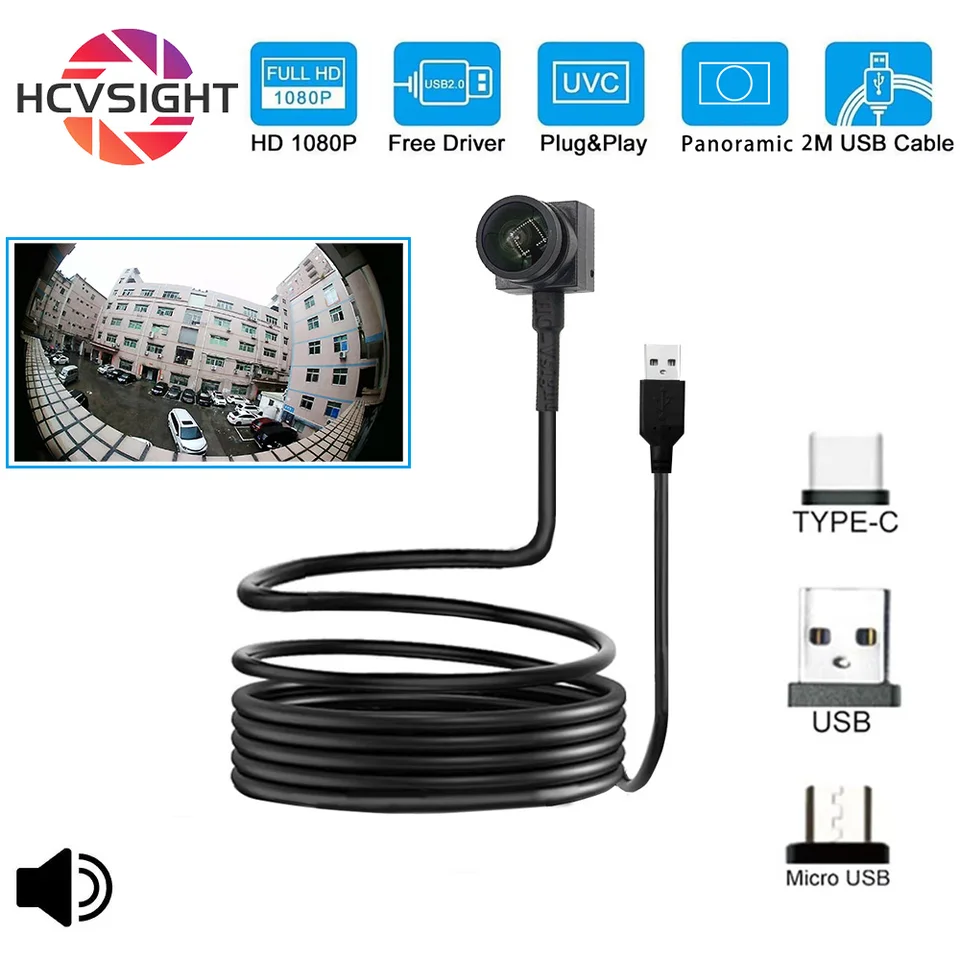 Plne HD360 Panoramatický široký uhol 180 stupňov Fisheye Camera Micro Veľkosť 1080p Type-C kamera Mini PC Webcam Support OTG s audio