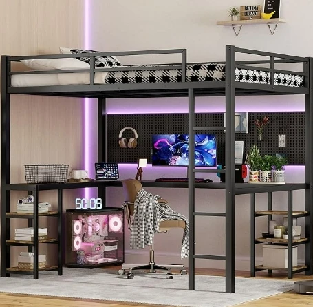 Plná posteľ XL podkrovia s stolom a úložným priestorom, kovová podkrovná posteľ s vintage stôl, rebrík a zábradlie, plná posteľ XL podkrovia pre dieťa