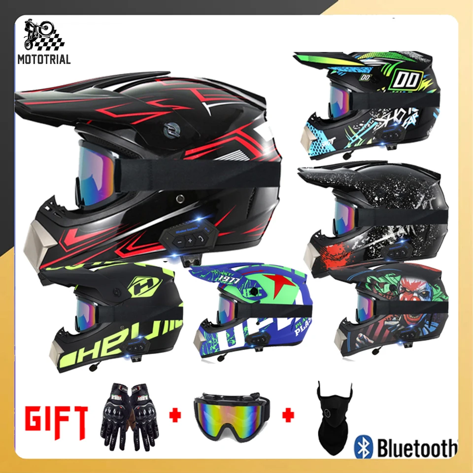 Plná tvár Bluetooth Berkendara sepeda Motor Anak Helm Perlindungan Penuh Motorcross Casco Moto Off-road Sarung Tangan Bersepeda