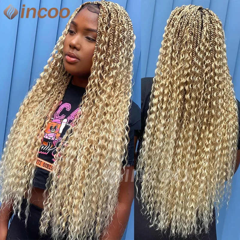 Plná čipka Česká Braid Braid Syntetická 32 palcovej skrinky Braidy Bohyňa Parochňa s kučeravými vlasmi Ombre Blonde 613 Cornrow Jumbo Braided Parochňa