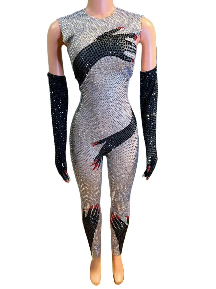 Plné kamienky iskrivé ženy kombinézy Singer pódium Wear Drag Queen outfit narodeninové oslavy kostým futuristické rukavice BodySuits
