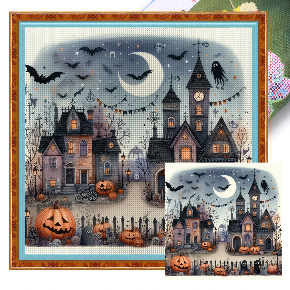 Plné vyšívanie eko-mačkónovo vlákno 11ct tlačené halloween kabína krížový steh